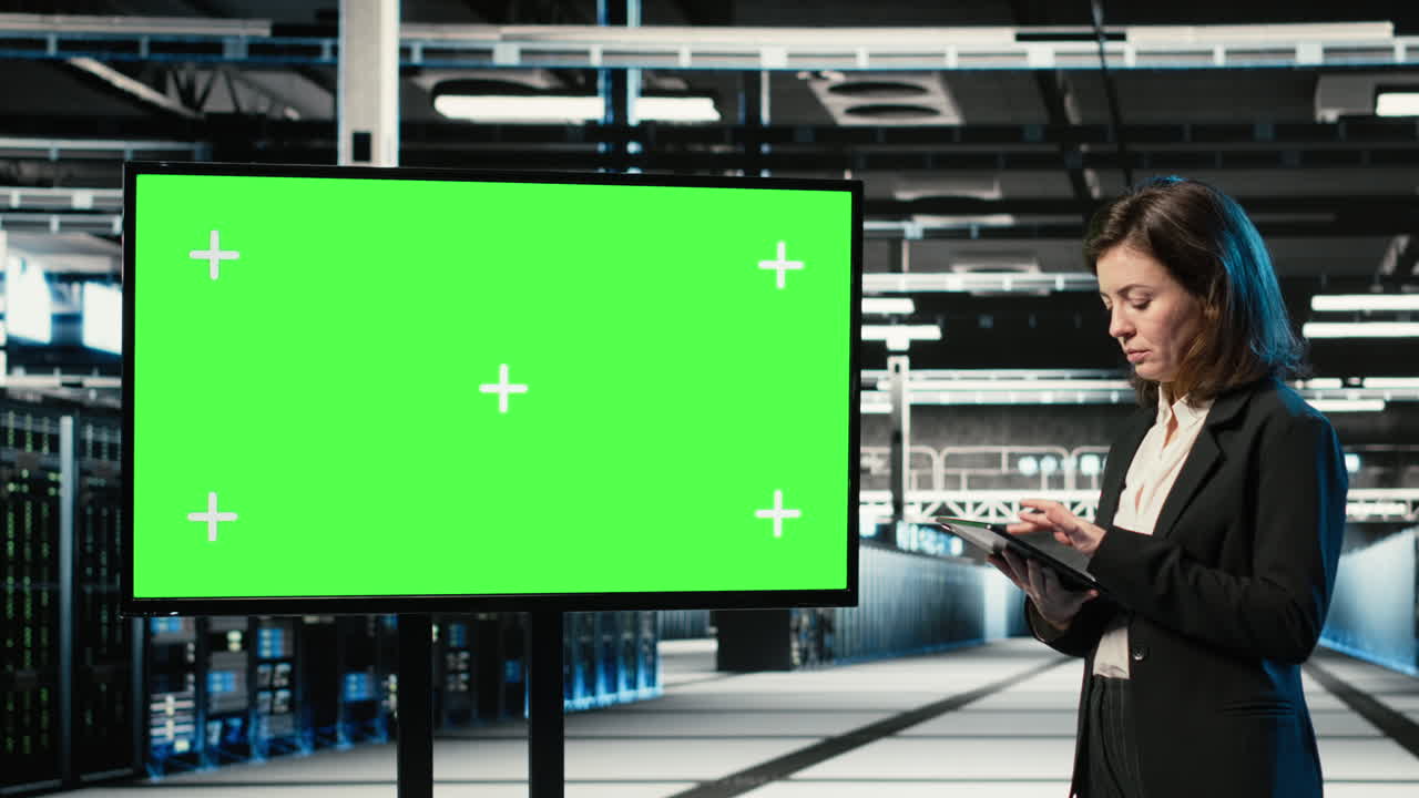 Monitor Chroma Key usato da una donna in un data center per monitorare sistemi industriali.