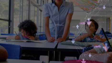 Animation-of-globe-of-network-of-connections-over-mid-section-of-female-teacher-with-windmill-model