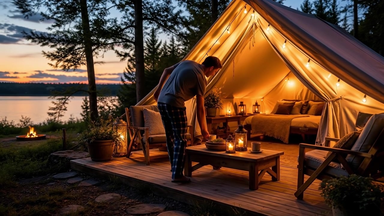 Mies kävelemässä sisään ylelliseen glamping-telttaan, joka on valaistu lämpimillä valosarjoilla iltahämärässä.