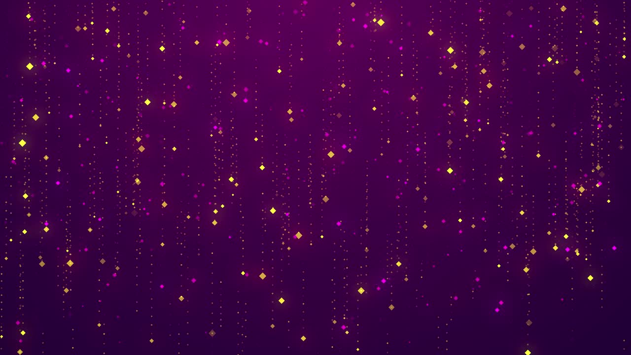 Animazione di particelle gialle lucide come pioggia in loop continuo su sfondo viola