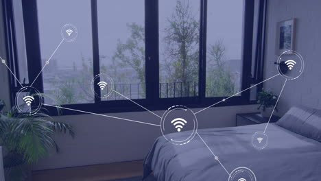 animación de la red de conexiones con iconos sobre el dormitorio