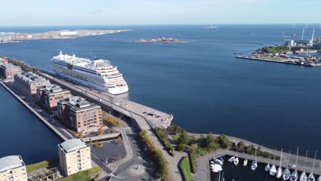 aerial view of the outskirts of the kastellet in copenhagen denmark, you can see the different buildings and the port on the horizon with the yachts and cruise ships in the north sea