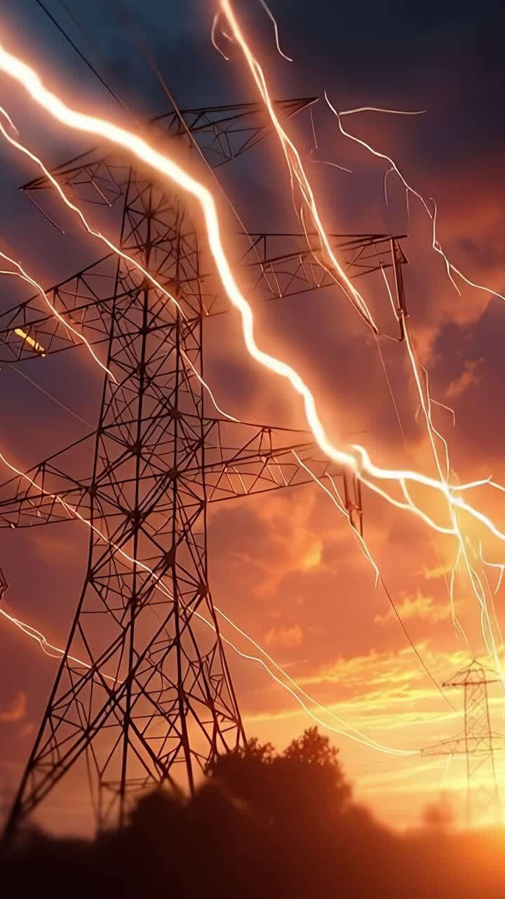 Captura Dinâmica de Raios Atravessando Uma Torre de Transmissão de Energia Elétrica Contra Um Céu Dramático ao Pôr do Sol em Dois Quadros Distintos