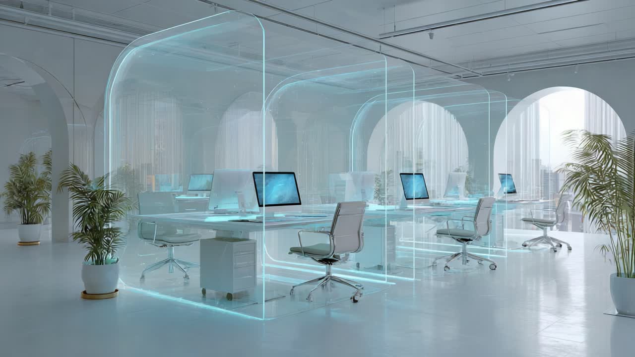 Futuristic Office Design Featuring Transparent Workspaces with Modern Technology and Biophilic Elements for Enhanced Collaboration and Well-being