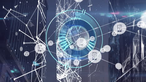 animación de la red de conexiones con iconos sobre el escaneo de alcance