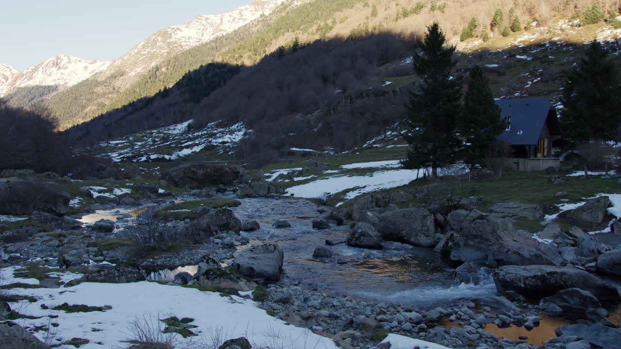 Alpine Valley with Cabin and Stream
