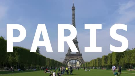 eiffel tower with tourists in france overlaid with animated graphic spelling out paris