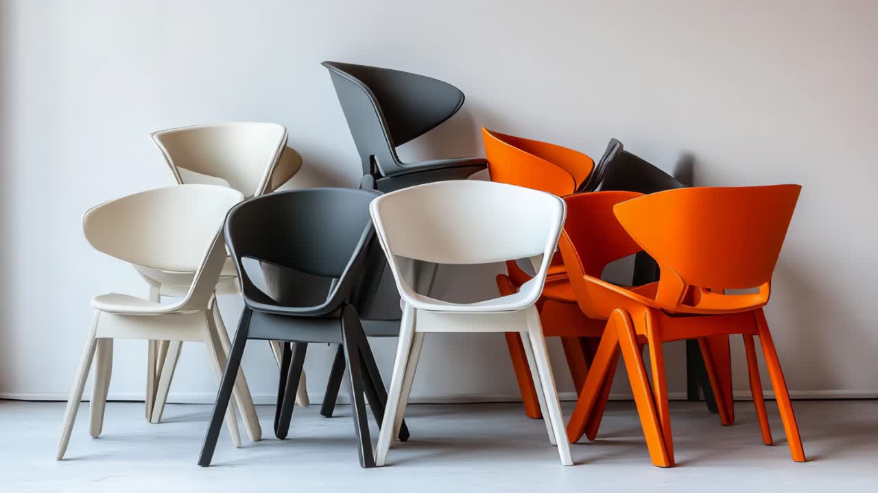 Stack of Modern Plastic Chairs in Different Colors