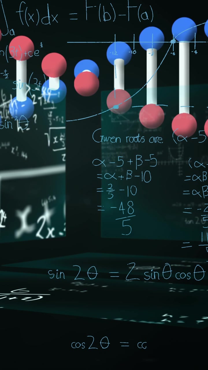 Animazione di filamento di DNA in rotazione, elaborazione dati ed equazioni matematiche su schermi
