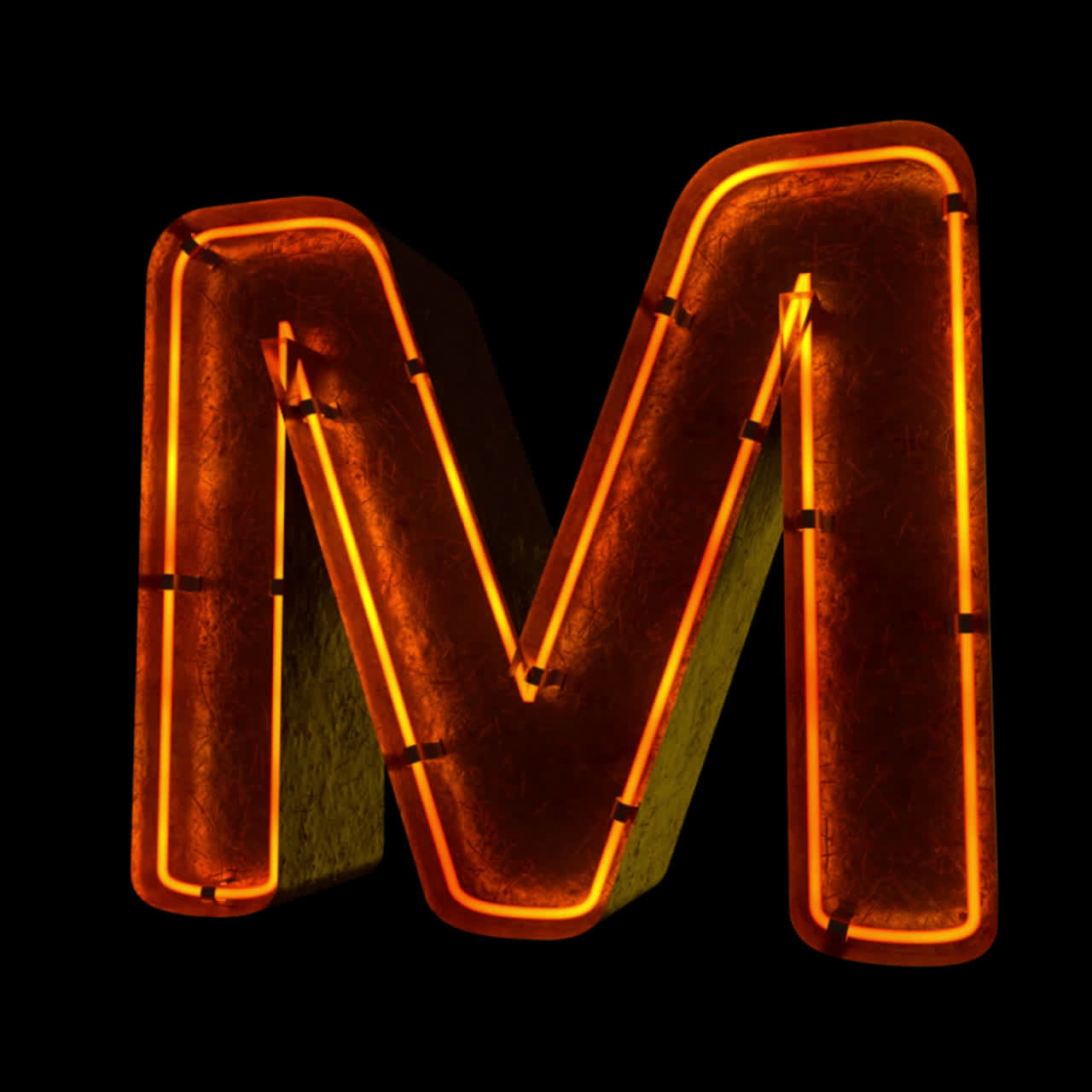 Lettera M al neon arancione luminosa che sfarfalla