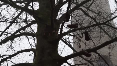 Slow-camera-pan-movement-on-a-tree-with-some-running-and-hiking-shoes-hanging-in-it,-woth-stone-tower-in-background,-cold-autumn-weather