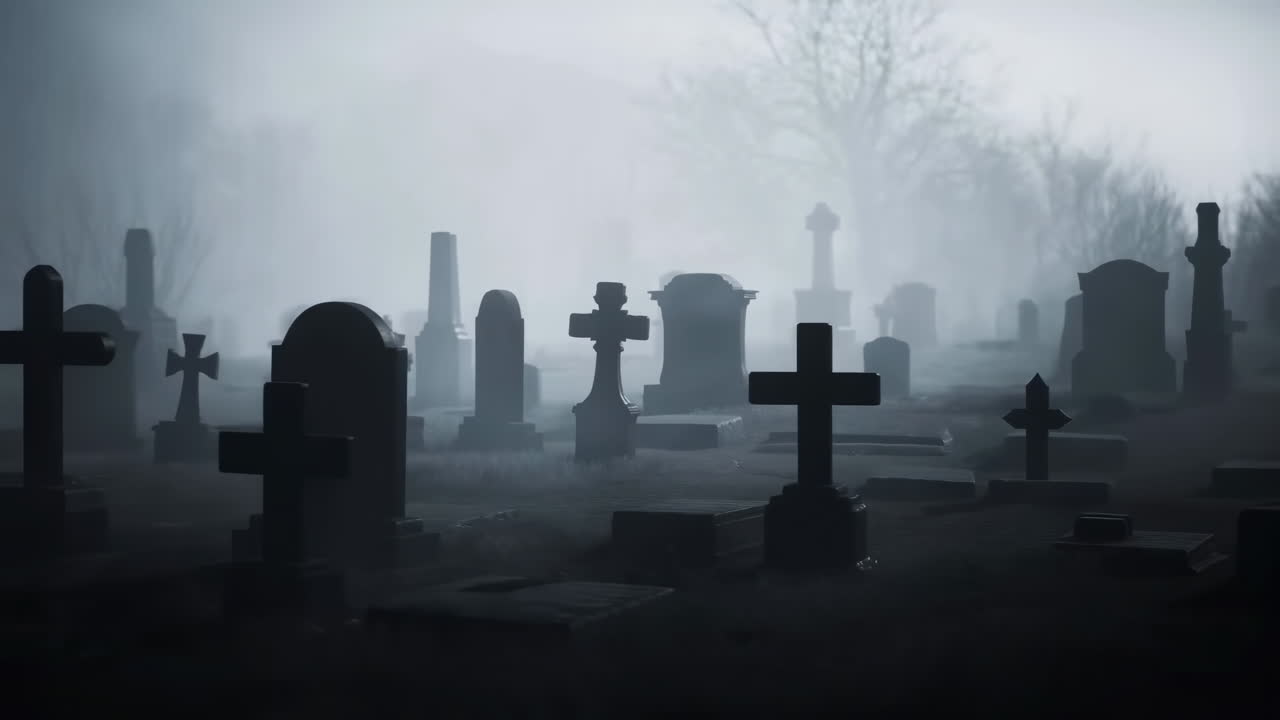Cimitero buio e misterioso avvolto da una fitta nebbia