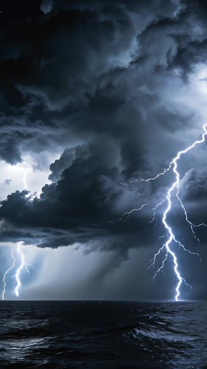 Video verticale: Lampi che si sprigionano da una nuvola cumulonembo carica, generando fulmini sul mare notturno e illuminando l'orizzonte.