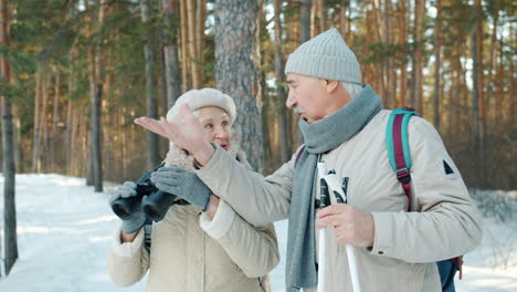senior couple hiking in the winter forest