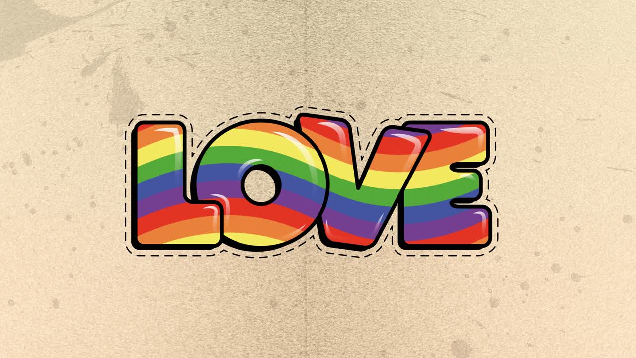 Animation of love text in rainbow colours and stitched outline on yellow background
