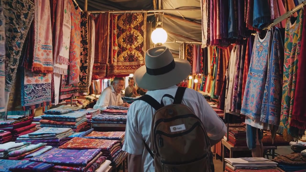 Turista che osserva tessuti colorati in un tradizionale mercato notturno