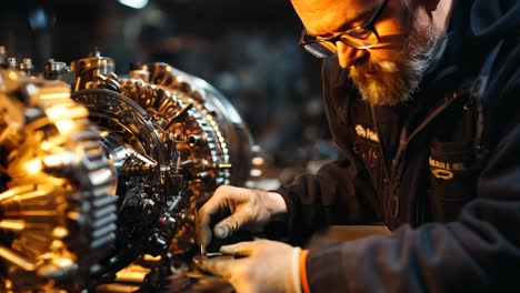 mechanic working on an engine in a busy workshop during the evening