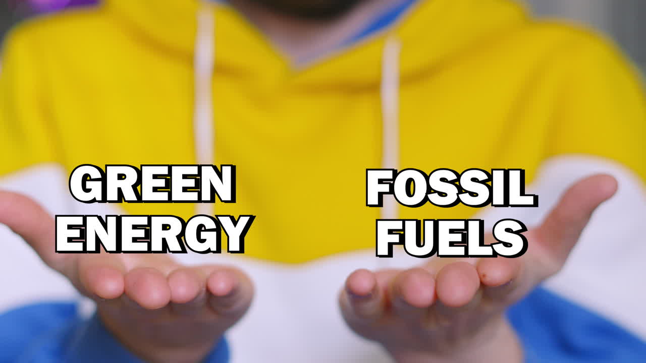 GREEN ENERGY FOSSIL FUELS Choice Text Appearing on Male Hands and Tracking with Up and Down Movement. Visual Illustration of Two Options and Weighing Up Decision with Pros and Cons.