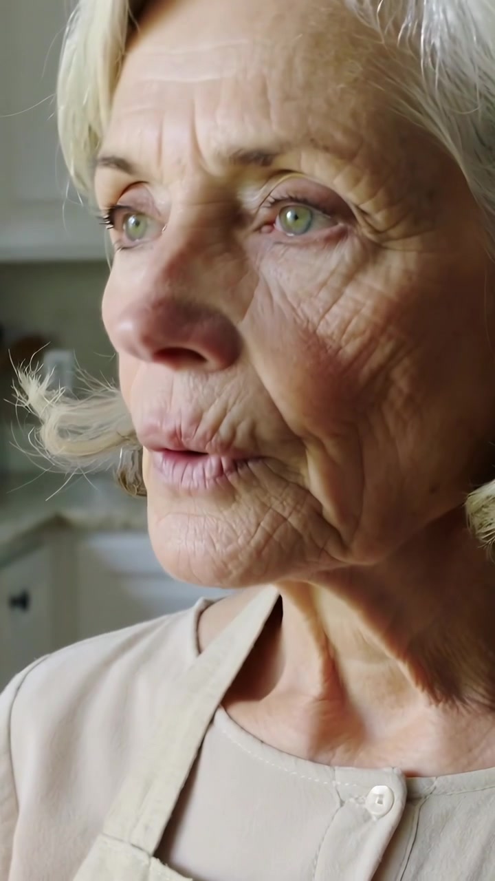 Vertical video: Opening eyes after pause senior woman shifting gaze in kitchen with beige apron