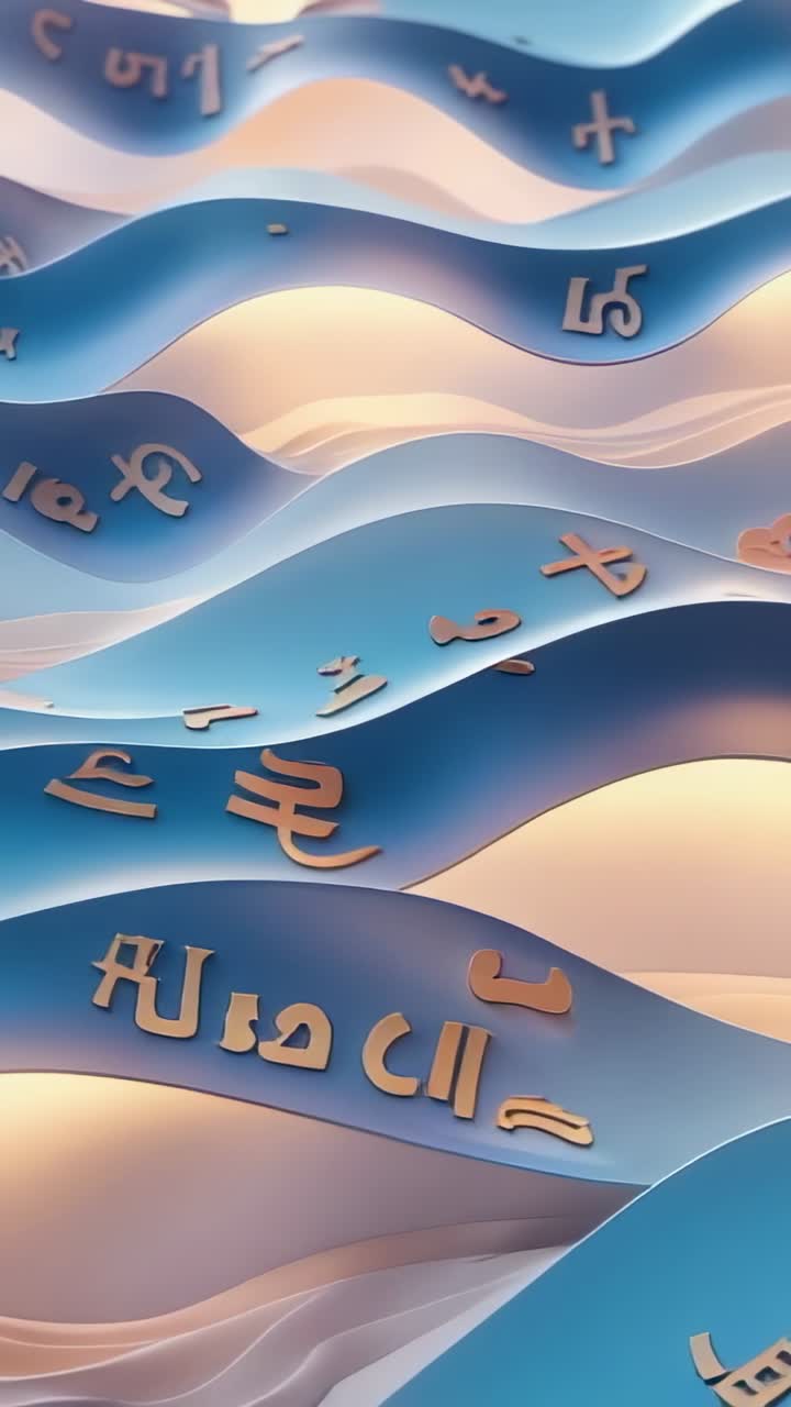 Vertical video: Emerging ribbon bands undulating in digital frame, with golden symbols adding depth