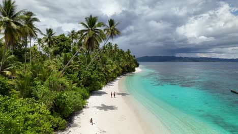 4k drone video of a couple walking along a white sand beach, blue crystal clear ocean on one side and tropical palm trees on the other, on the banggai islands in sulawesi, indonesia