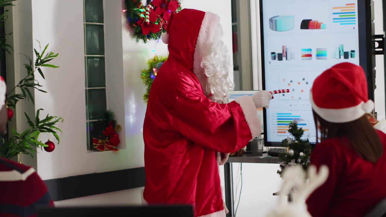 Santa Claus giving a Christmas presentation in the office