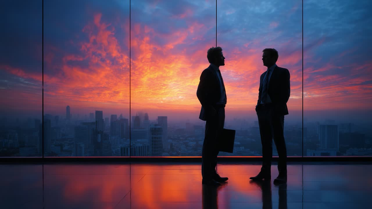 Silhouetted Figures Engaging in Conversation Against a Stunning Sunset Over a City Skyline, Representing Business Collaboration and Networking Opportunities