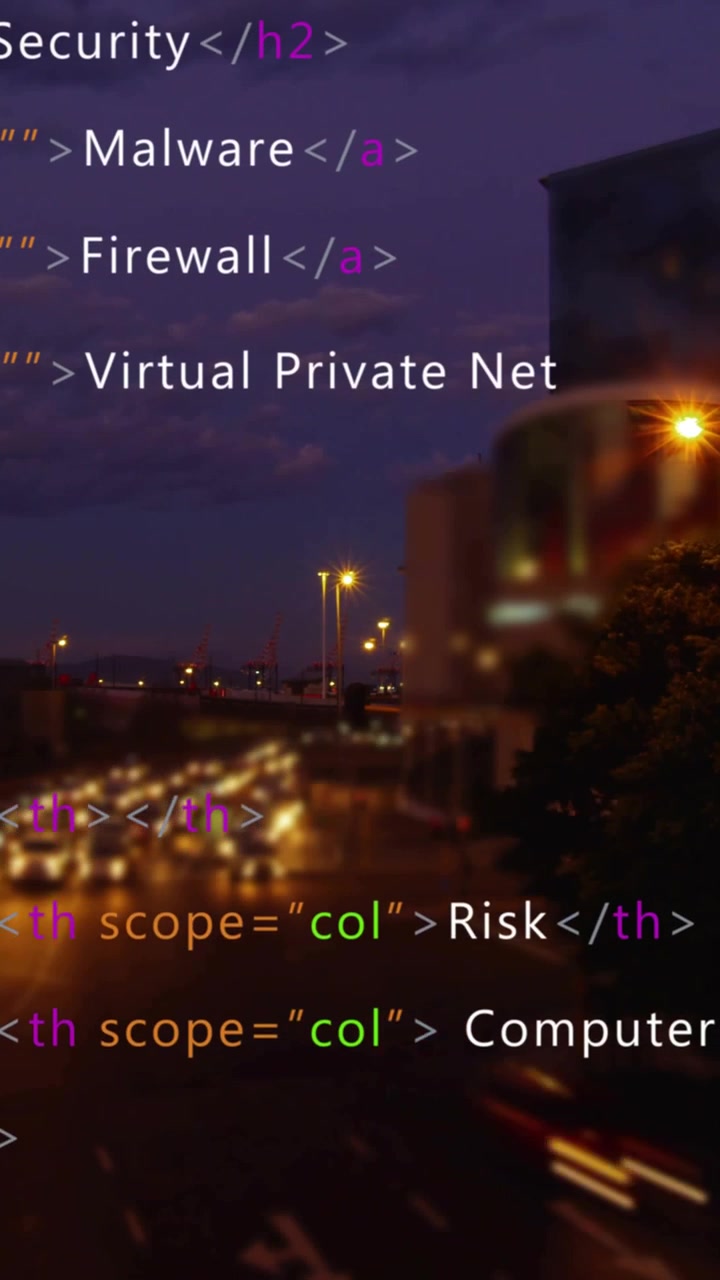 Vertical video: At dusk code overlay listing security tags, blurred traffic sending light trails