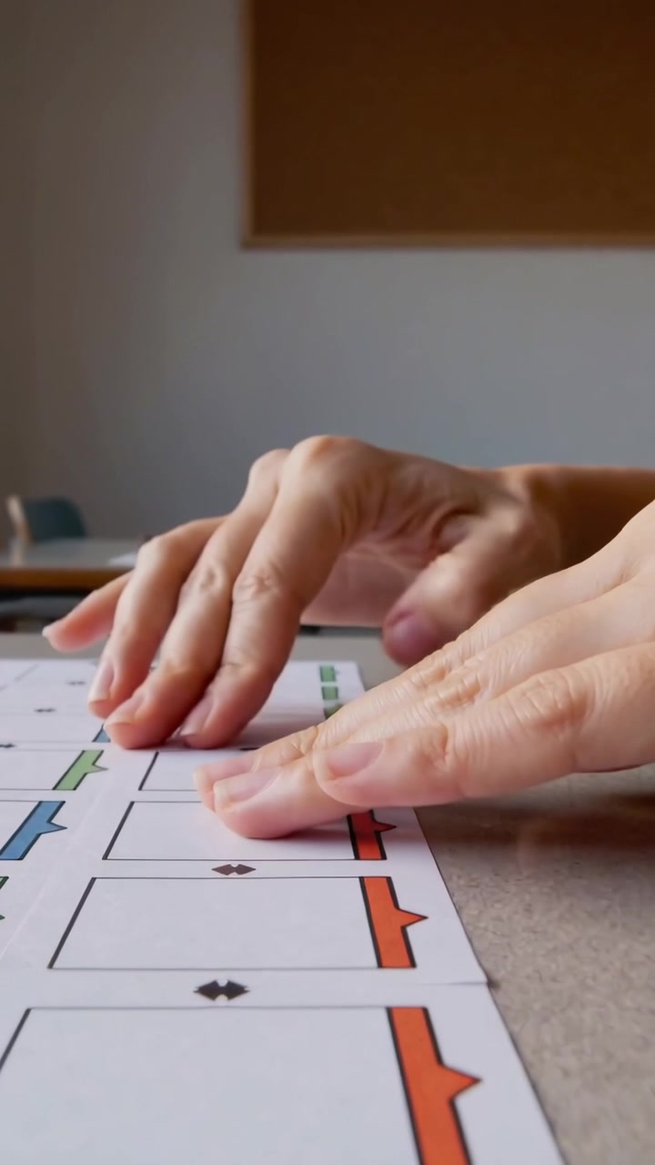 Video verticale: Mani sospese che sollevano una carta allineando le carte sulla scrivania per ordine con linguette e diamanti.