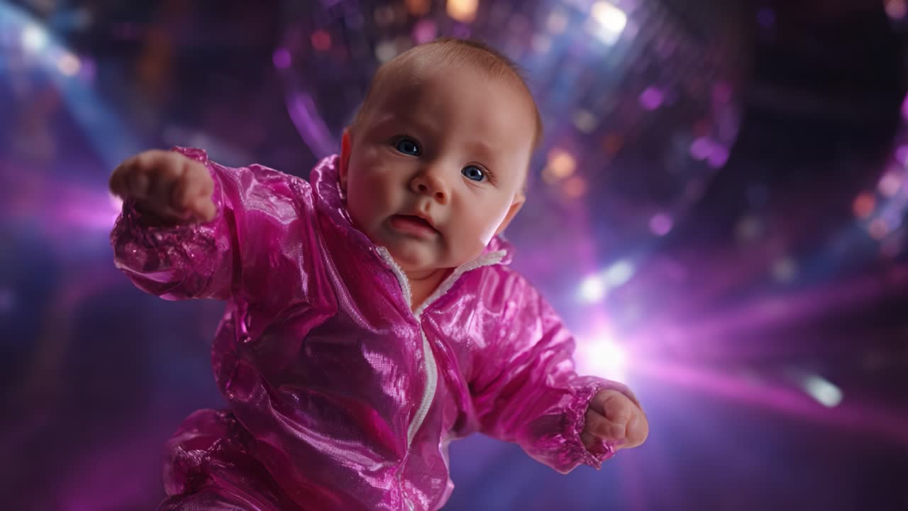 Neşe ve ışıltı saçan, parlak pembe kıyafetli sevimli bebek; atmosfer canlı ve büyüleyici bir hale gelirken renkli ışıklarla çevrili.