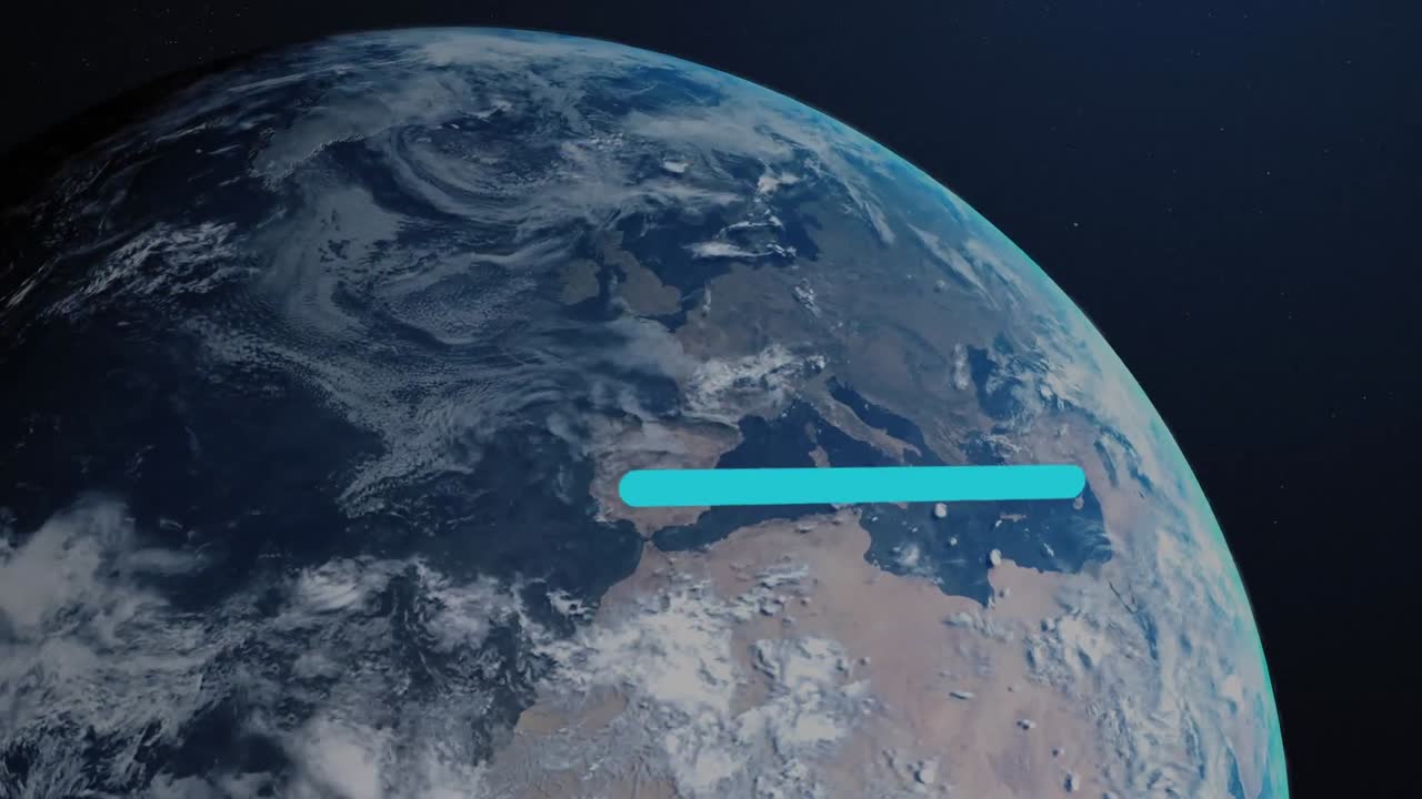 디지털 아이콘과 스마트폰의 애니메이션이 지구 위에서 우주를 배경으로 합니다.