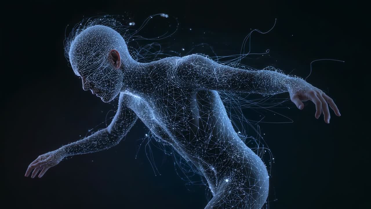 Leaning wireframe humanoid moving by pulse, sending filaments and nodes in dark void, showing data
