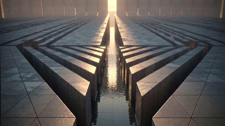 Brightening backlight causing camera moving forward and water rippling in atrium, concrete fins