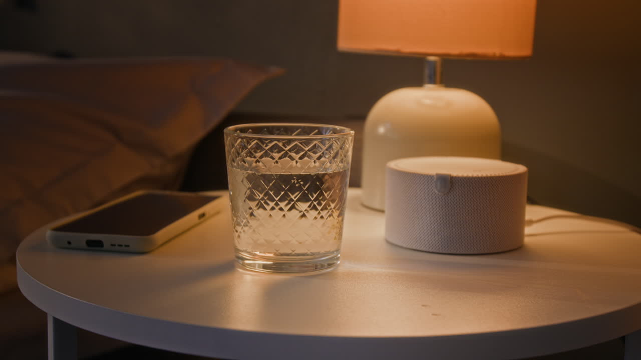 Nightstand with water, phone, speaker and lamp