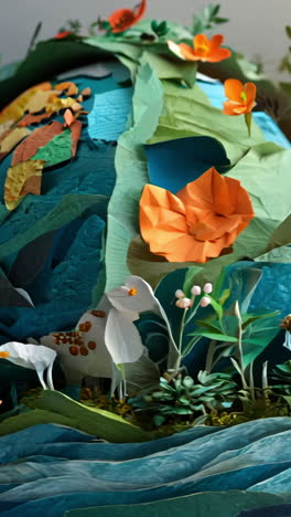 a paper globe with a blue ocean and green land. the globe is decorated with animals and plants