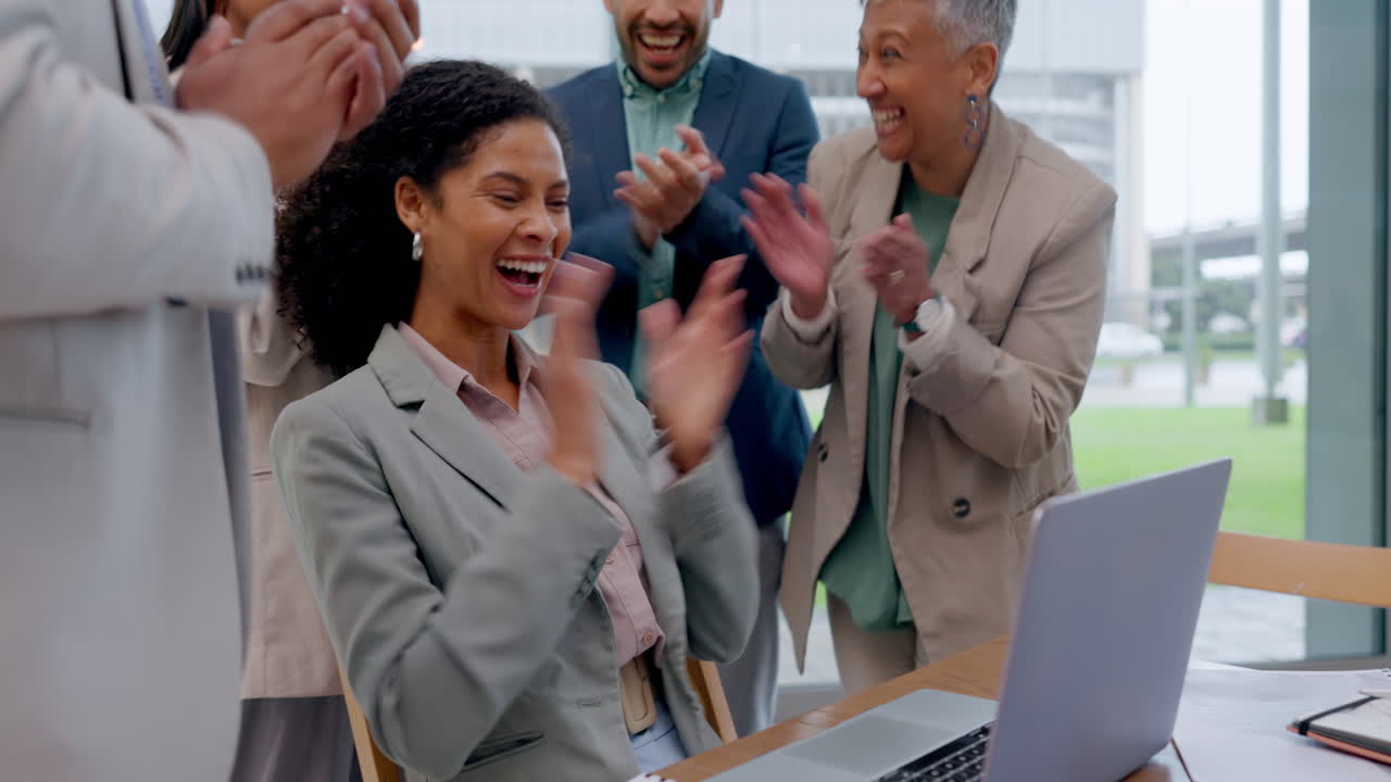 Winning, applause and woman with laptop