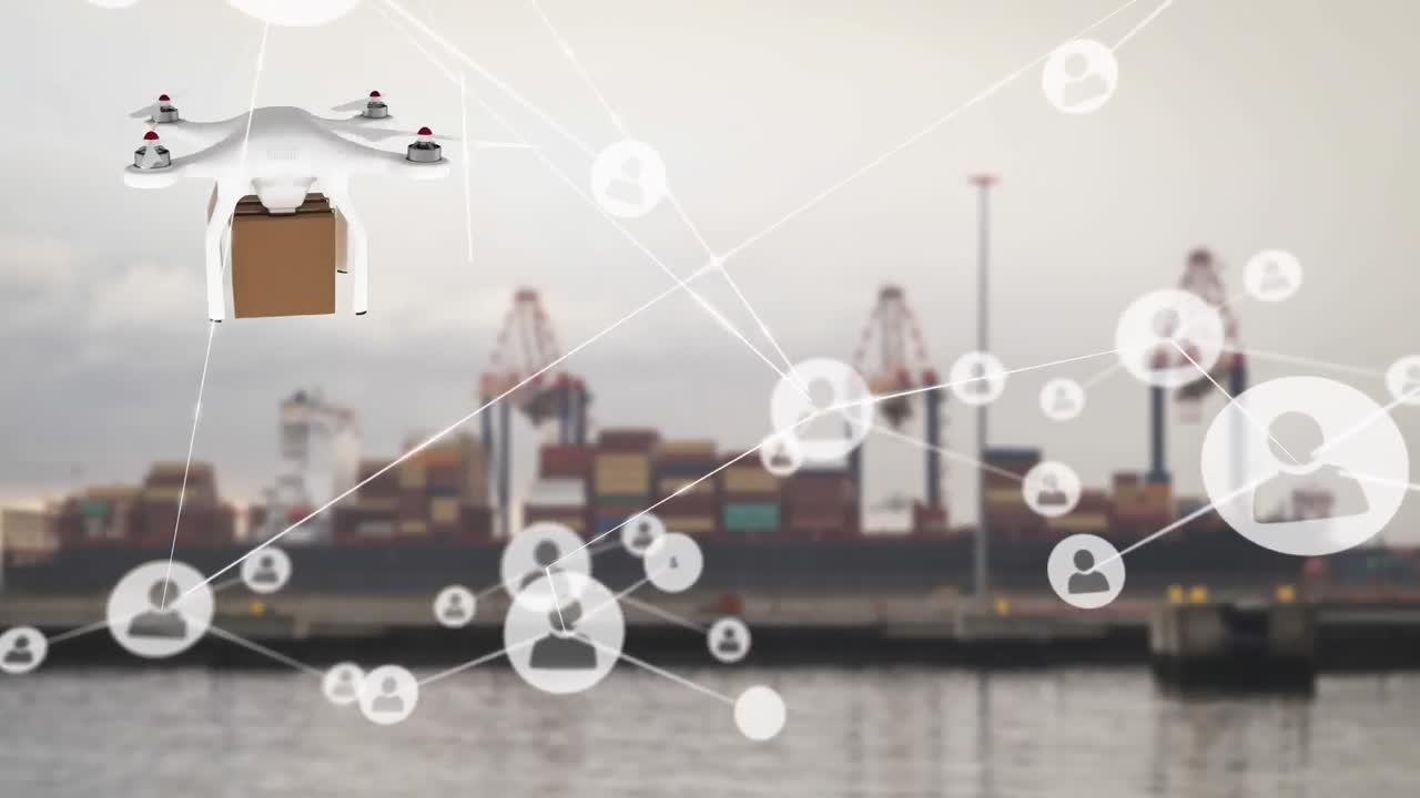 패키지와 함께 배달 드론을 통해 아이콘과 연결 네트워크의 애니메이션