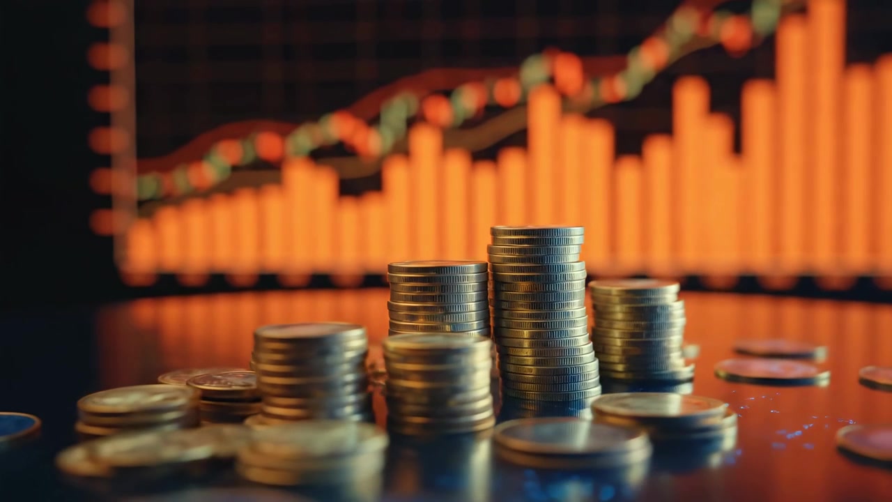 Visualizzazione di dati finanziari con monete e tendenze di mercato in evoluzione