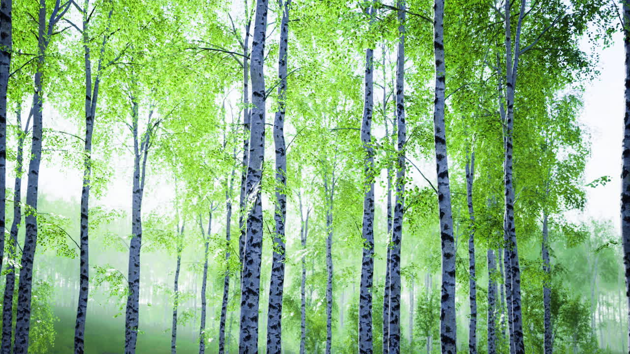 Lush green forest with tall birch trees in serene daylight setting
