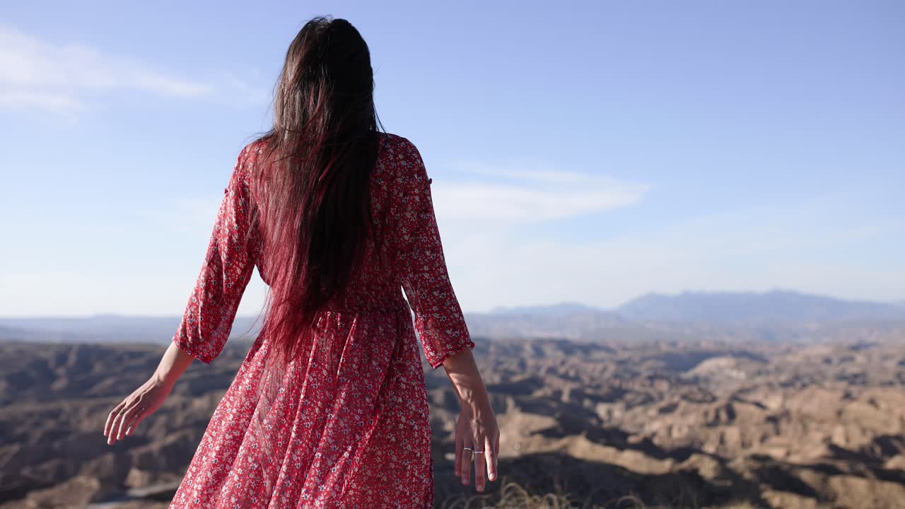 A woman in a red dress looking at a vast desert landscape