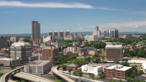 albany, new york skyline drone video moving up