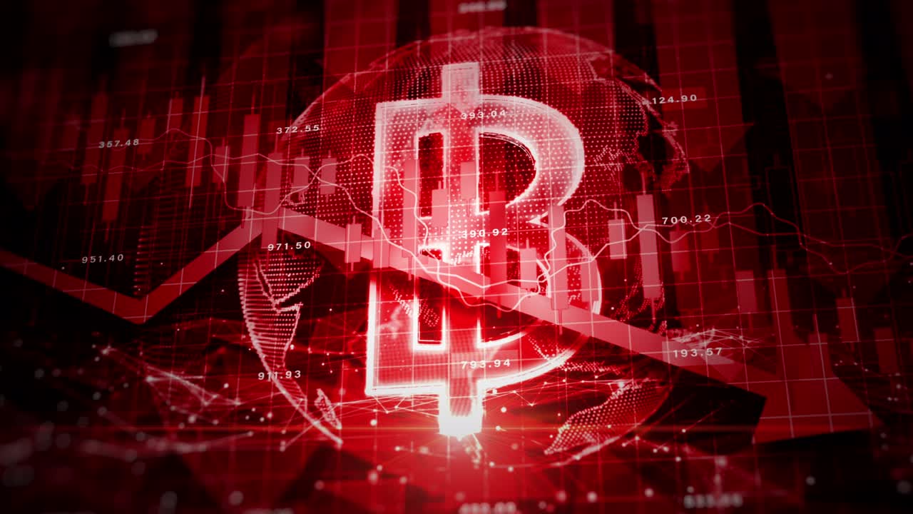 바트 화폐 아이콘, 경기 침체 글로벌 시장 위기 주식 가격 하락 빨간 화살 아래 차트 하락, 주식 시장 거래소 분석 비즈니스 및 금융, 돈 손실 이동 경제 투자 손실 추락