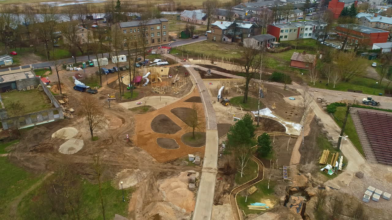 High bird's eye view of the construction of a recreational area with sports activities