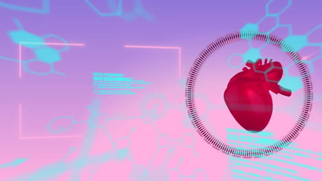 animation of chemical formulas and data processing over model of human heart beating