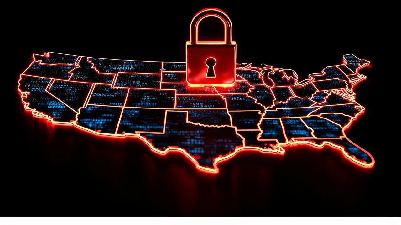 US Map with a lock icon. A digital map of the United States shows a red lock symbol indicating data security in the country