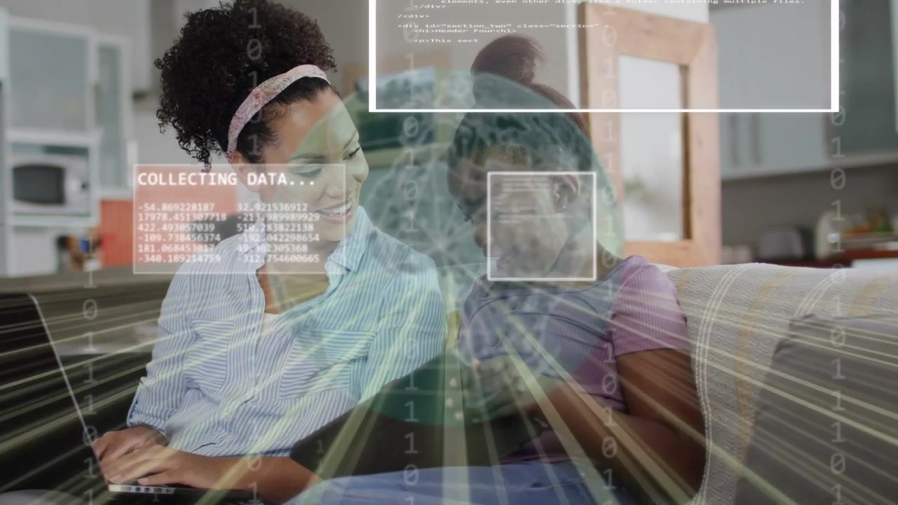 Mother and daughter, woman typing, girl tapping tablet starting tech overlays data analysis