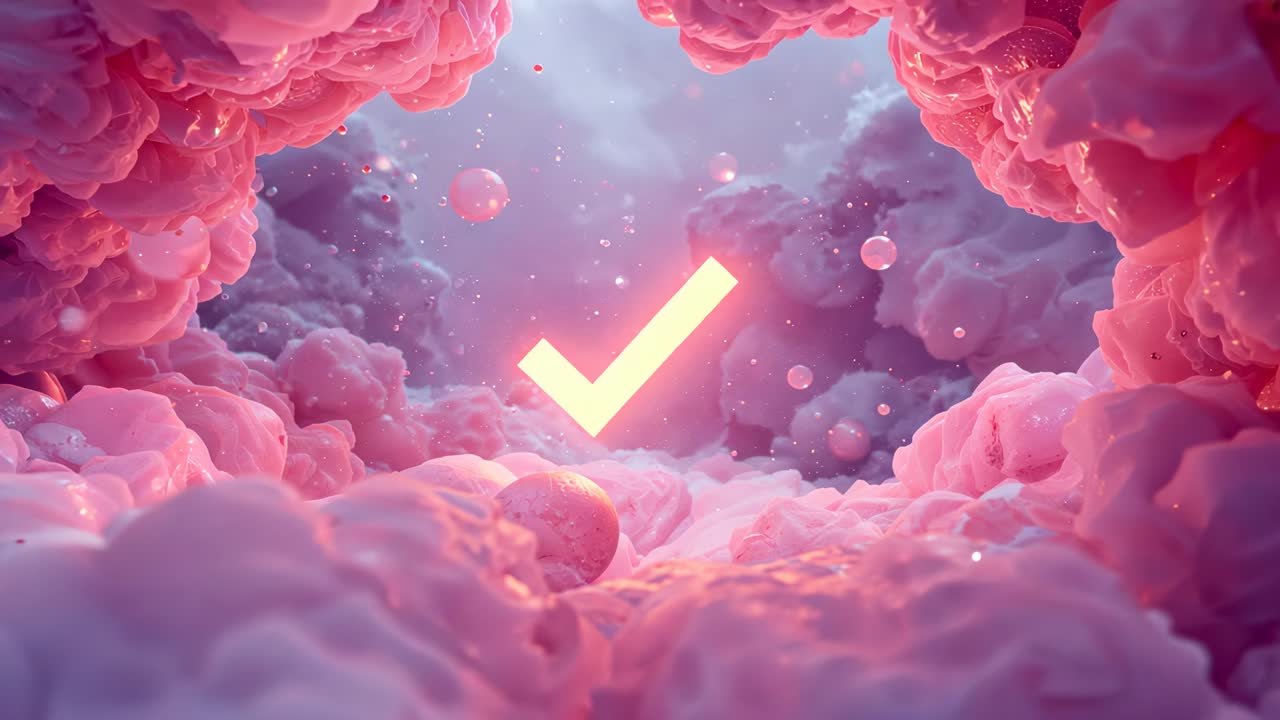 Anello rosa neon con segno di spunta bianco che pulsa e conferma in una grotta nuvolosa, con sfere