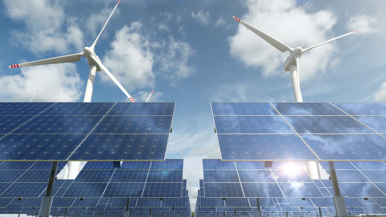 Animation with solar panel cells and spinning wind turbines on eco energy farm
