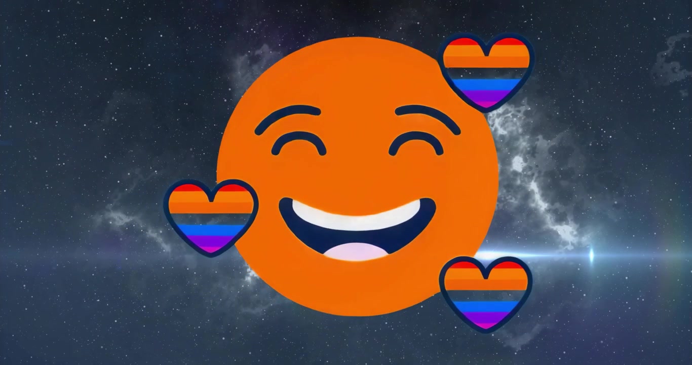 Visage emoji se matérialisant, initiant des cœurs rayés orbitant autour du visage, visualisant l'amour cosmique.