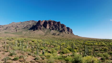 Establishing-dolly-above-dry-arid-desert-southwest-cactus-land-to-Superstition-Mountains